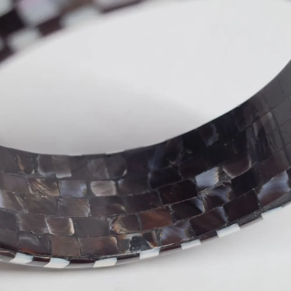 Vintage Mother of pearl Checkered Mosaic Marquetry Bangle Bracelet White & Brown
